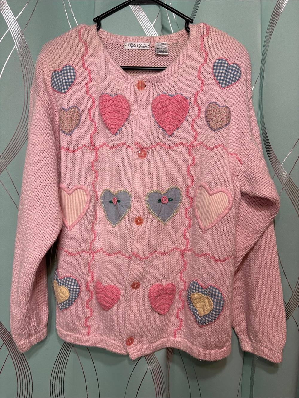 Vintage Robin Sinkler Pink Heart Appliqué Cardigan Sweater